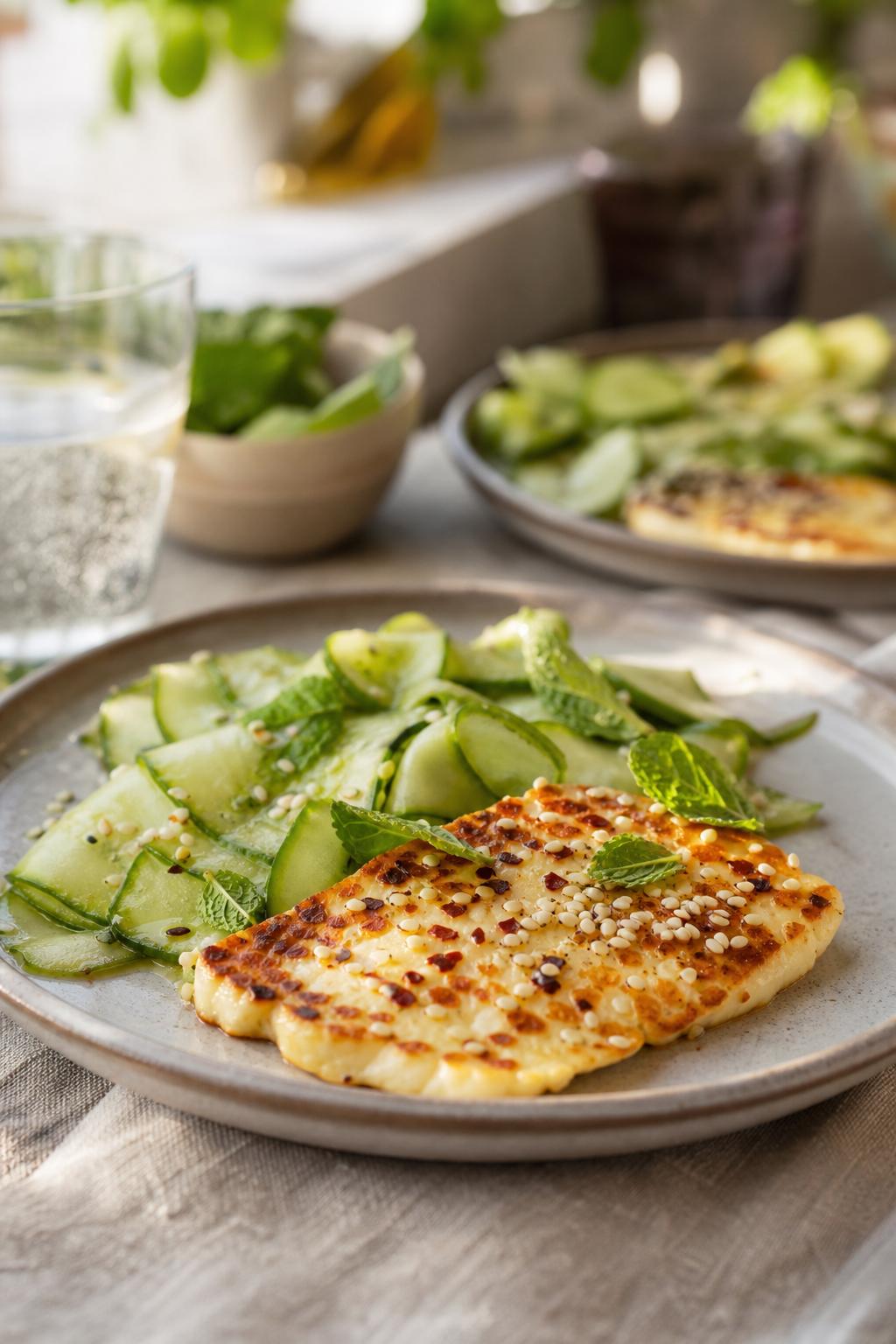 Stekt halloumi med limegurka och sesam