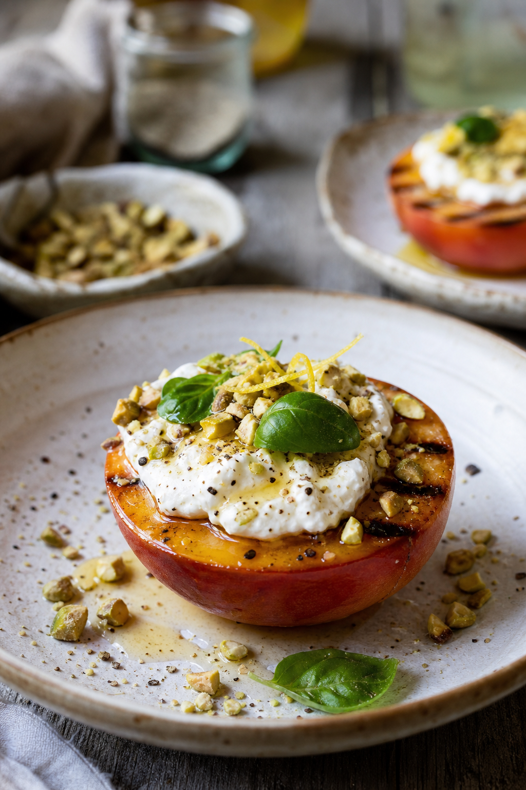 Grillad persika med vispad feta och pistage